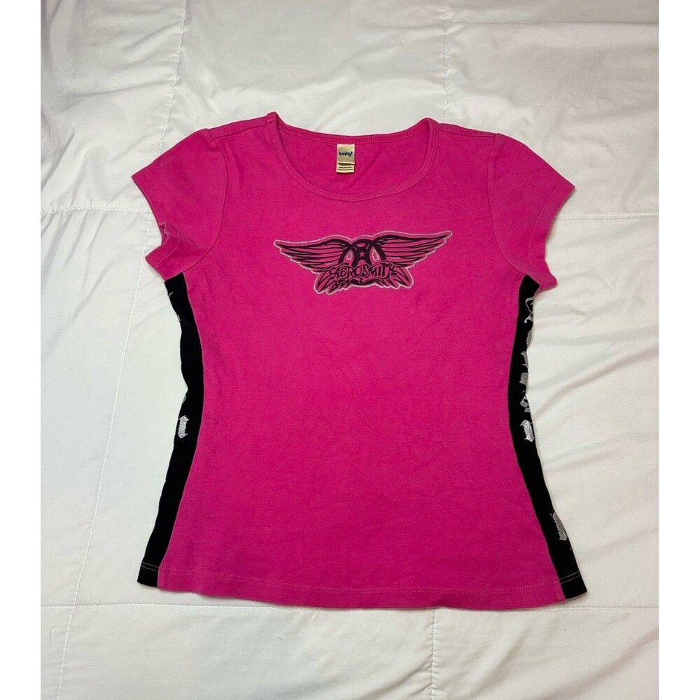 VTG Aerosmith Y2K Womens Band T Shirt Fitted Baby Tee Glitter Pink Black Kavio M